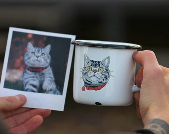 Custom cat lover enamel mug - personalized cup with pets from photo, unique face mug, Christmas gift ideas, personalised coffee mug