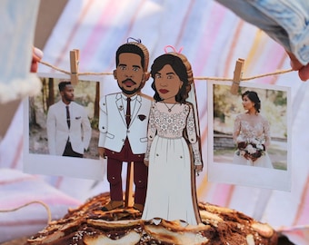 Custom Wooden Wedding Cake Topper: Personalized Bobblehead Couple