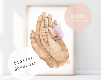 Commercial License Holding Hands Watercolor Print Family Love Digital Newborn Poster Wall Art Decor Hand in Hand Drawing Watercolor Postcard