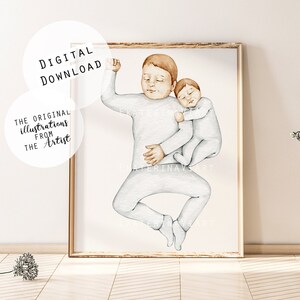 Bebês dormindo - Irmão mais velho - Impressão em aquarela - Quarto recém-nascido Criança - Parede de pôster imprimível - Chá de bebê - Presente para mamãe - Infância