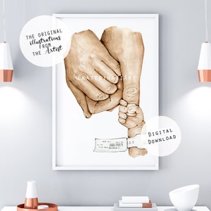 Prématuré tenant les mains nouvelle famille aquarelle impression Nicu Art père mains nouveau-né affiche néonatologie Art Nicu maman cadeau main dans la main Carte postale
