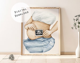 Imágenes prediseñadas de ecografía de embarazo en formato PNG y JPG, recuerdo de embarazo en acuarela con forma de barriga de bebé para uso comercial.