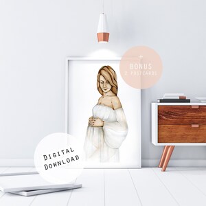 Akwarela Ilustracja w ciąży Macierzyństwo Sztuka ścienna Ilustracja Nicu Plakat ciążowy Dekoracja macierzyństwa Dekoracja pokoju dziecięcego