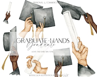 Imágenes prediseñadas de graduación en formato PNG, manos de graduado en acuarela, diploma, uso comercial.