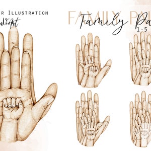 Könnte beinhalten: Aquarell-Illustration von fünf Händen, die eine Familie darstellen, mit dem Text "Family Palms 1-5 Kids" über den Händen.