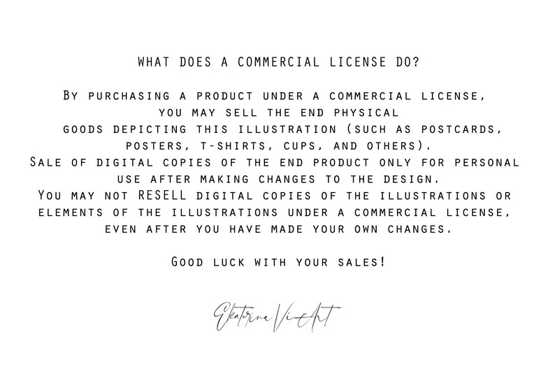 Puede incluir: Texto que explica los t&eacute;rminos de una licencia comercial para ilustraciones digitales. El texto establece que la licencia permite la venta de bienes f&iacute;sicos que representan la ilustraci&oacute;n, pero no las copias digitales de la ilustraci&oacute;n en s&iacute;. El texto tambi&eacute;n establece que la licencia no permite la reventa de copias digitales de las ilustraciones o elementos de las ilustraciones bajo una licencia comercial, incluso despu&eacute;s de haber realizado sus propios cambios. El texto termina con "&iexcl;Mucha suerte con tus ventas!" y una firma.