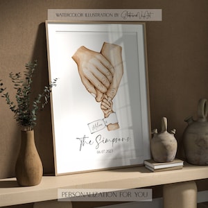 Może przedstawiać: Akwarelowa ilustracja dłoni trzymających dłoń dziecka, z tekstem "The Simpsons" i datą 06.07.2023. Grafika jest oprawiona i zawiera tekst "Watercolor Illustration by Christina V Art" oraz "Personalization for You".