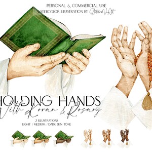 Puede incluir: Ilustraci&oacute;n de acuarela de dos manos sosteniendo un libro verde y un rosario marr&oacute;n. Las manos se muestran en tres tonos de piel diferentes: claro, medio y oscuro. El texto "HOLDING HANDS With Koran & Rosary" est&aacute; escrito debajo de las manos.