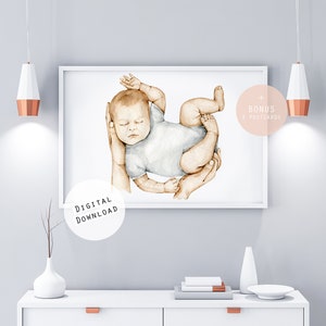 Schlafendes Baby Aquarell Digitaldruck Neugeborene Kinderzimmer Kind druckbare Poster Wand-DekorBaby Shower Geschenk Kindheit Illustration Postkarte