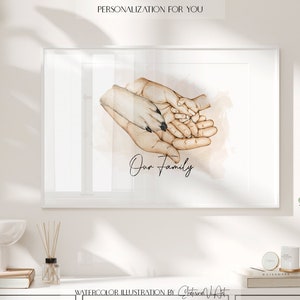 Unsere Familie Händchen haltend Mama Papa Ich Familie Aquarell Druck Poster Vater Hand Mama Baby Hände Neugeborener Hund Pfote Geschenk Hand in Hand Postkarte