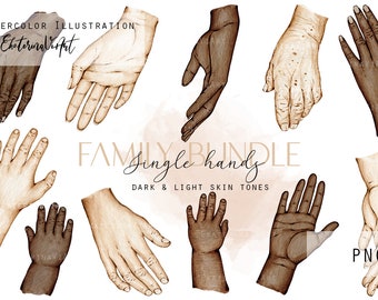 Watercolor Family Hands Clipart Bundle - Inclusive PNG Set in 3 Skin Tones (Digital Download)
