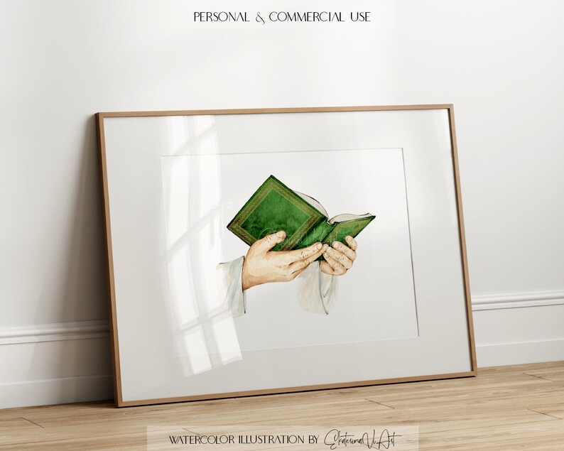 Puede incluir: Ilustraci&oacute;n de acuarela de un par de manos sosteniendo un libro verde abierto. El libro tiene un lomo dorado y est&aacute; decorado con un dise&ntilde;o floral.