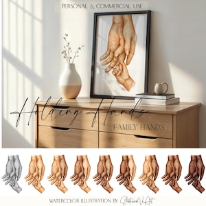 Kommerzielle Nutzung Mix Familie Händchen haltend Aquarell Druck Familie Liebe Digital Neugeborenen Poster Wand Kunst Dekor Hand in Hand Zeichnung Aquarell