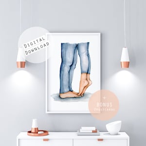 Verliebtes Paar Aquarell Beine auf Zehenspitzen Illustration Valentinstag Postkarte Leidenschaft Wandkunst Verliebt Illustration Leidenschaftlich Poster Dekor