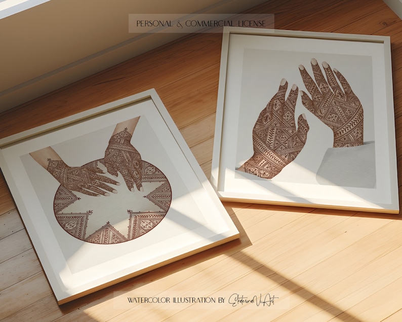 Usage commercial Henné et Adjoun main dans la main Henné nuit PNG Mains Mehndi aquarelle main dans la main dessin Png image 4