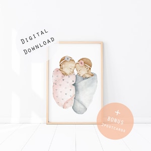 Twins Art Print Newborn Gift Child Watercolor Poster Art New Mum Twin Girls Art Home Decor Sisterhood Digital Print
