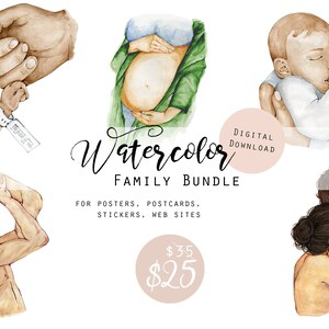 Aquarelle famille Bundle imprimable affiche numérique Parents Wall Art Nicu Illustration maternité Art enceinte carte postale père cadeau pour maman