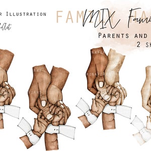 Commercial License Mix Family Holding Hands Dark and Light Skin Tone Nursery Art Wall Decor