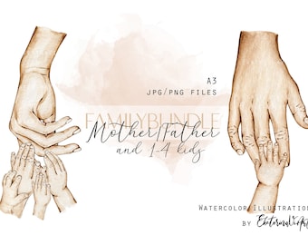 May include: Watercolor illustration of a family holding hands. The illustration includes a mother, father, and four children. The hands are drawn in a light brown color and are set against a white background.