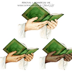 Puede incluir: Tres ilustraciones de acuarela de manos sosteniendo un libro verde abierto con bordes dorados. El libro est&aacute; abierto en una p&aacute;gina en blanco. Las manos son de diferentes tonos de piel.
