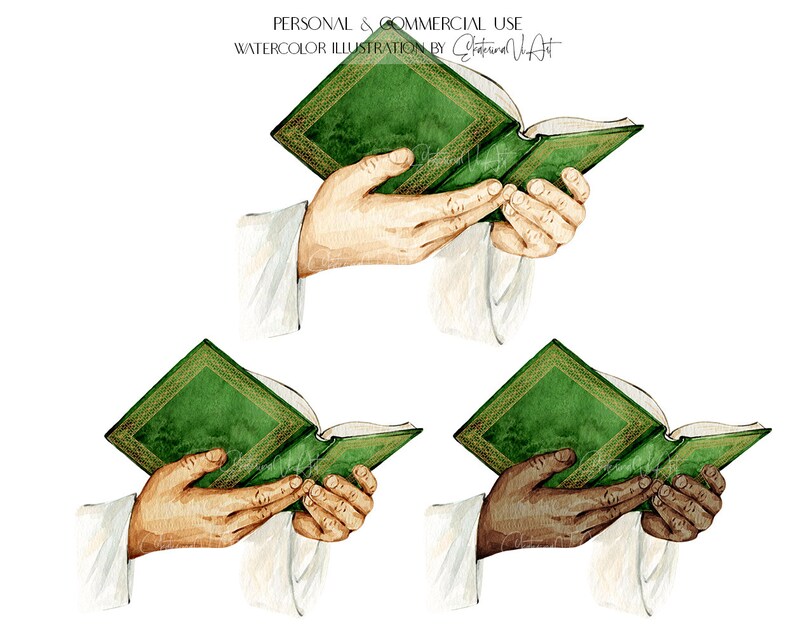 Puede incluir: Tres ilustraciones de acuarela de manos sosteniendo un libro verde abierto con bordes dorados. El libro est&aacute; abierto en una p&aacute;gina en blanco. Las manos son de diferentes tonos de piel.
