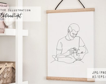 Father and Baby Birth Line Art Poster: Minimalist Nursery Decor (Digital Download)