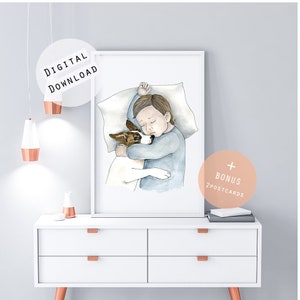 Schlafendes Kind und Hund Aquarell Druck Kinder Wand Kunst Babyzimmer Kind Digitales Poster Wand Dekor Kindheit Illustration Aquarell Druck