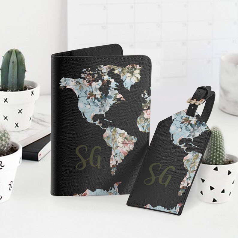 World Map Passport Holder Personalized Luggage Tags Monogram Etsy