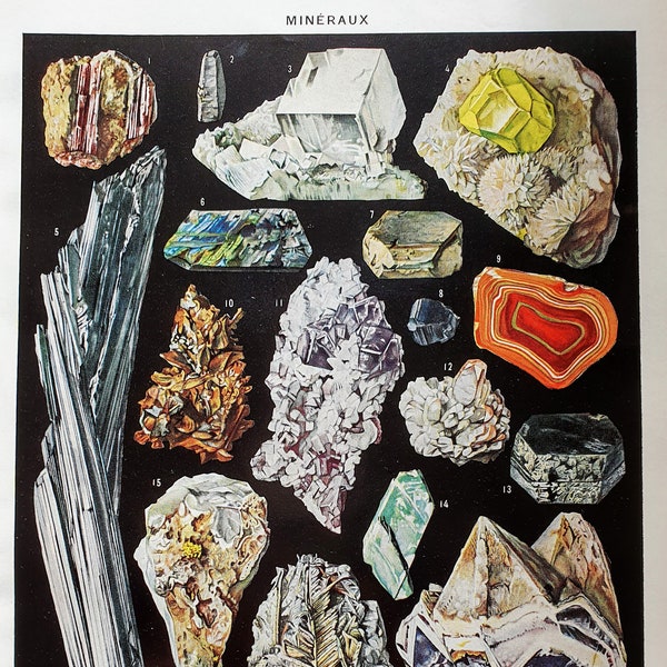 1949 MINERAUX Vintage poster old minerals stones, Nature botanical illustration, Antique plate, Original France poster, Print