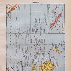 1949 CARTE OCEANIE Affiche vintage originale ancienne Antique authentic print Planche illustrée Années 40 Océanie