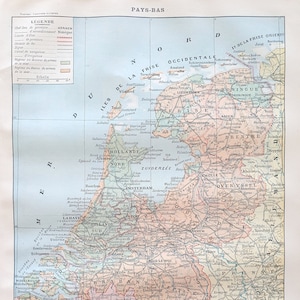 1898 PAYS-BAS Affiche vintage originale ancienne Antique authentic print Planche illustrée Carte Pays-Bas Netherlands