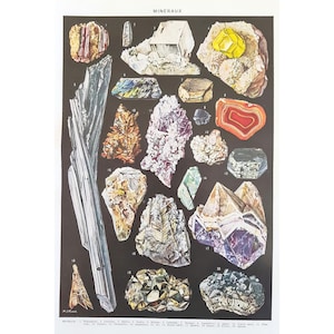 1949 MINERALES Antiguo cartel vintage minerales piedras, Ilustración botánica naturaleza, Placa antigua, Cartel original Francia, Impresión