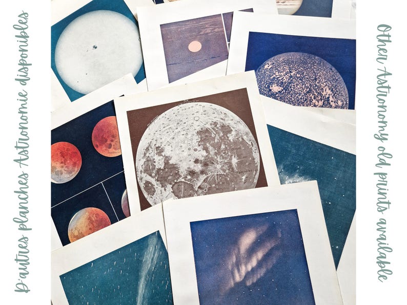 以下が含まれることがあります： 月、惑星、星々の画像が描かれたヴィンテージな天文学の版画のコレクションです。版画は白黒で、ヴィンテージな美しさがあります。版画のテキストには「D'autres planches Astronomie disponibles」と書いてあります。
