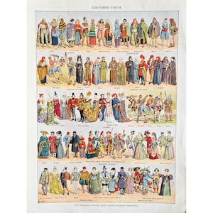 1930 CIVILIAN COSTUMES 1 Poster vintage illustrato, vecchio poster originale, poster illustrativo, pagina del dizionario, immagini dei costumi