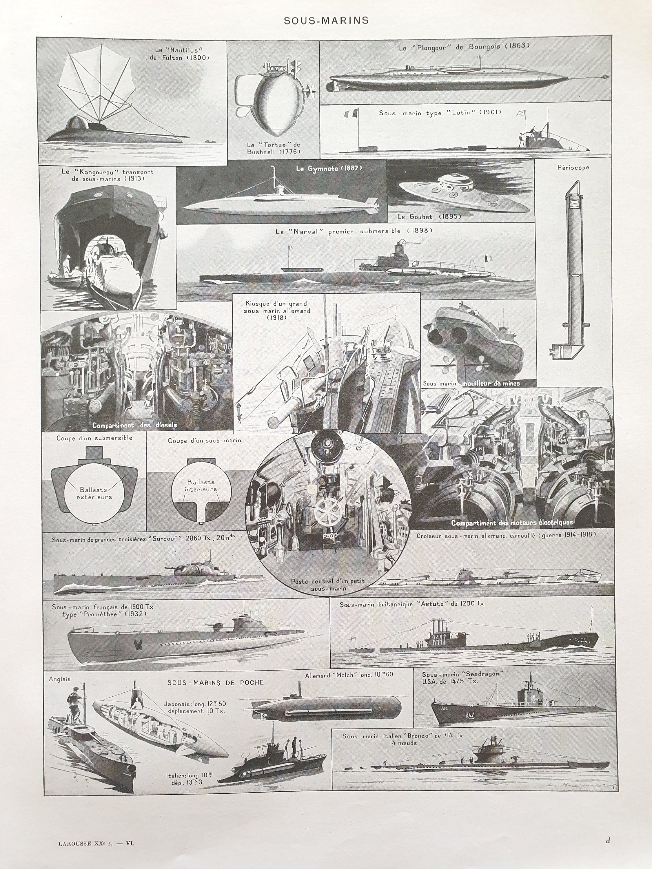 1930 Sous Marins Affiche Vintage Originale Ancienne Antique Authentic Print Planche Illustrée Sous M