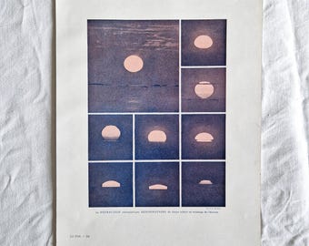 1920年天文プレート「SUNSET」、ビンテージポスター、空と太陽のイラスト入りプレート、アンティーク天文イラスト