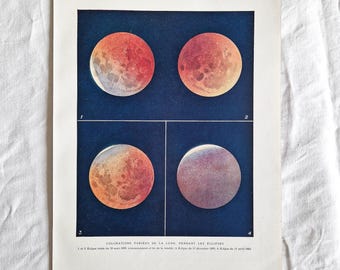 1920年天文プレート「月と日食」、ヴィンテージポスターの月地図、イラスト入り天文プレート、月の色