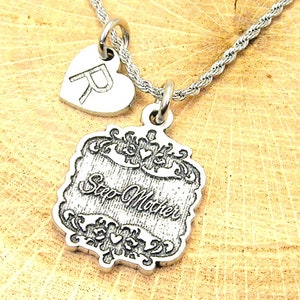 Step Mother  scroll with heart initial Stainless Steel rope necklace