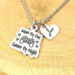 Mom by day gamer by night with custom heart initial Stainless Steel rope necklace