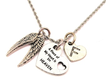 Memorial Initial Necklace: Angel Wing, Heart Charm, Stainless Steel
