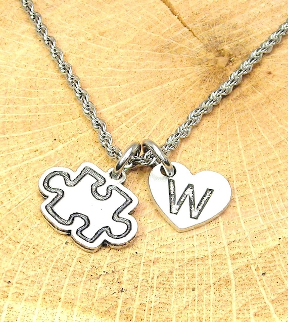 Puzzle piece with heart initial Stainless Steel rope necklace