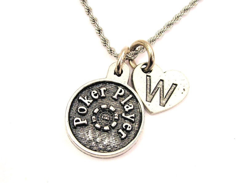Poker player with custom heart initial Stainless Steel rope necklace