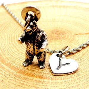 Bear fully 3D  with heart initial rope Stainless Steel  necklace mascot
