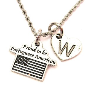 Proud to be a Portuguese American with heart initial rope Stainless Steel  necklace