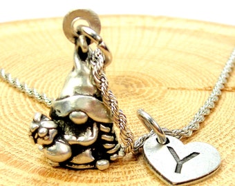 New mom with baby girl gnome 3D charm necklace choose your initial personalized