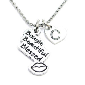 Bougie Beautiful Blessed Black girl magic with heart initial Stainless Steel rope necklace black history