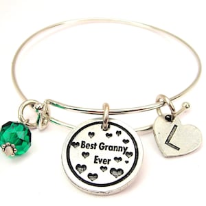 Best Granny Ever with heart initial and crystal birthstone Bangle Bracelet