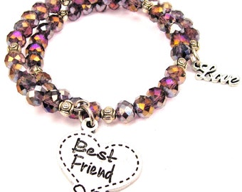 Best Friend wikkelarmband met lavendelkristalkralen, tinnen bedel