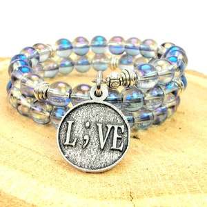 Live semi colon Mermaid  Aurora Borealis beaded wrap  bracelet