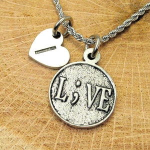 Semi colon LIVE with heart initial Stainless Steel rope necklace